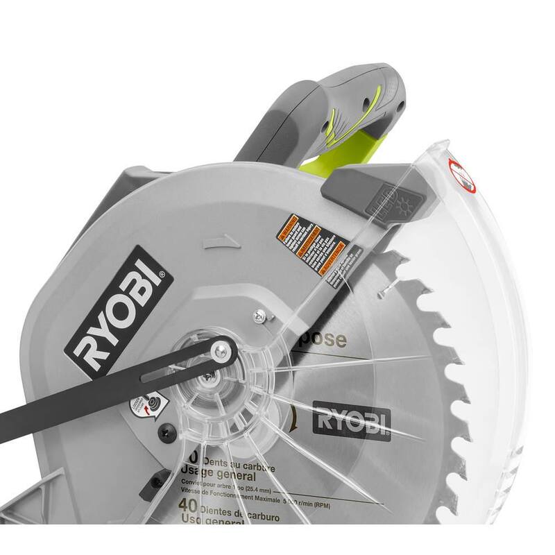 Sierra ingleteadora compuesta deslizante con cable de 12 pulgadas y 15 amperios de RYOBI con indicador de línea de corte LED y base UNIVERSAL QUICKSTAND - TSS121-A18MS01G.