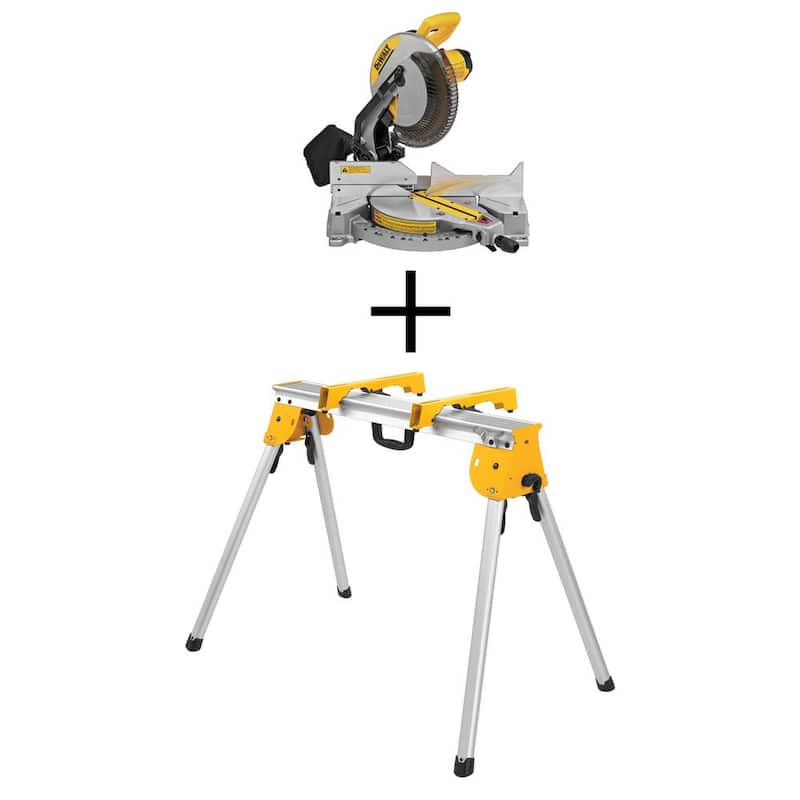 Sierra ingletadora compuesta de bisel simple DEWALT de 15 amperes y 12 pulgadas con soporte de trabajo resistente.