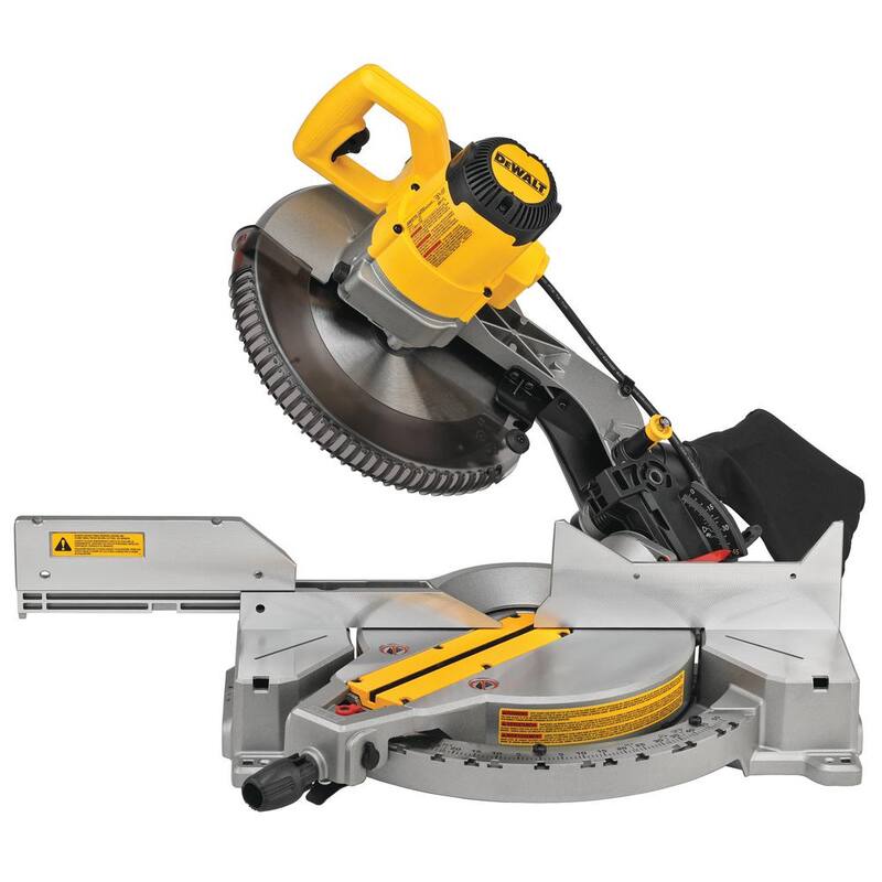 Sierra ingletadora compuesta de bisel simple DEWALT de 15 amperes y 12 pulgadas con soporte de trabajo resistente.