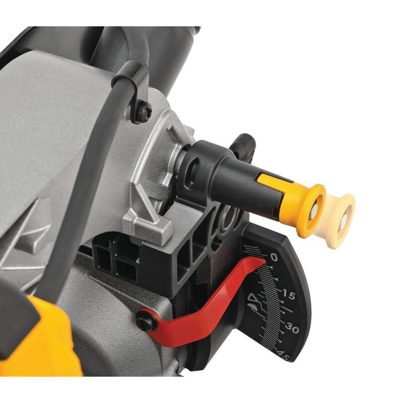 Sierra ingletadora compuesta de bisel simple DEWALT de 15 amperes y 12 pulgadas con soporte de trabajo resistente.