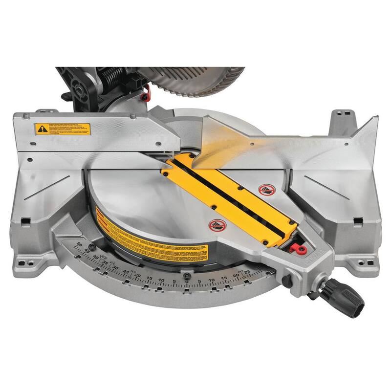 Sierra ingletadora compuesta de bisel simple DEWALT de 15 amperes y 12 pulgadas con soporte de trabajo resistente.