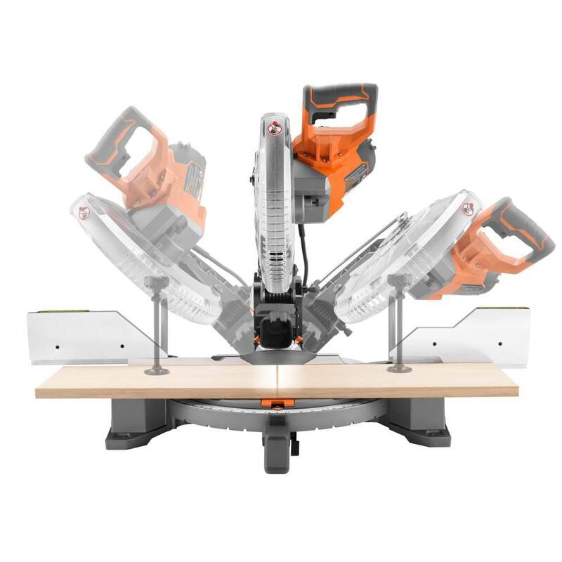 Sierra ingleteadora de bisel dual RIDGID de 15 amperios con cable de 12 pulgadas y LED, y soporte de sierra ingleteadora móvil universal con refuerzos de montaje - R4123-AC9946