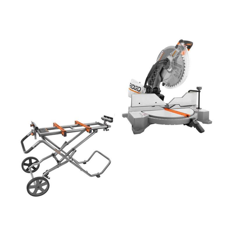 Sierra ingleteadora de bisel dual RIDGID de 15 amperios con cable de 12 pulgadas y LED, y soporte de sierra ingleteadora móvil universal con refuerzos de montaje - R4123-AC9946