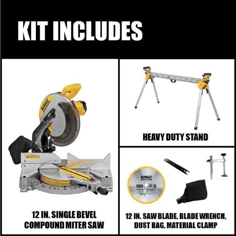 Sierra ingleteadora compuesta de bisel único DEWALT de 15 amperes y 12 pulgadas con soporte para sierra ingleteadora resistente - DWS715W723