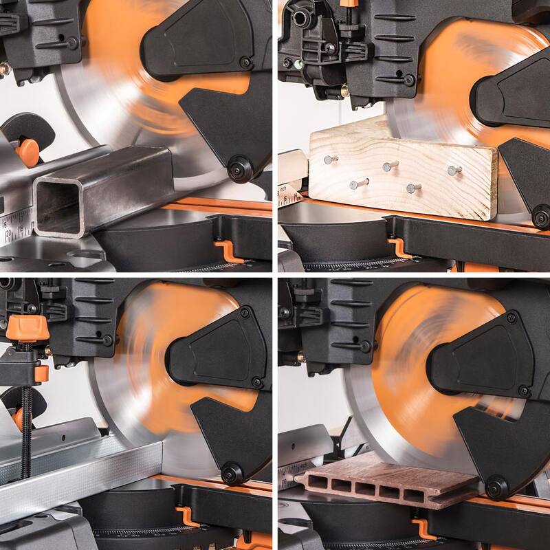 Si características del producto: Evolution Power Tools 15 Amp 10 pulgadas Sierra ingletadora deslizante doble bisel con guía láser, bolsa de polvo, cable de alimentación de 13 pies y hoja de 28 dientes multi-material - R255SMSDB+