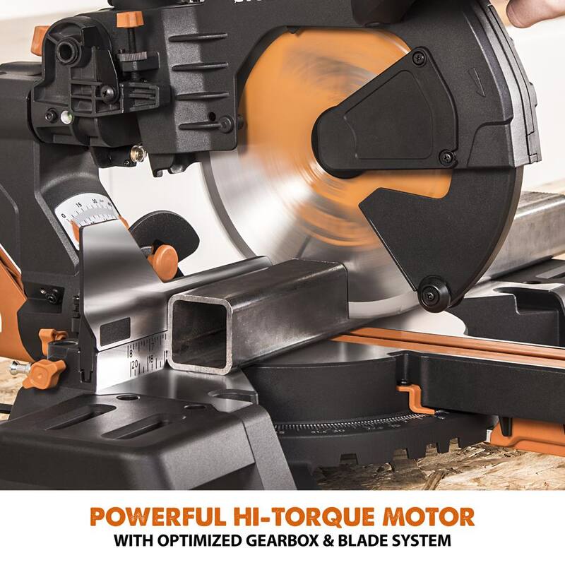 Si características del producto: Evolution Power Tools 15 Amp 10 pulgadas Sierra ingletadora deslizante doble bisel con guía láser, bolsa de polvo, cable de alimentación de 13 pies y hoja de 28 dientes multi-material - R255SMSDB+
