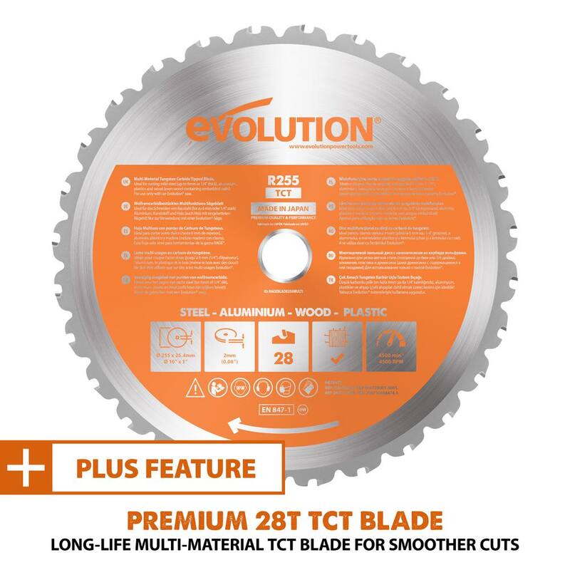 Si características del producto: Evolution Power Tools 15 Amp 10 pulgadas Sierra ingletadora deslizante doble bisel con guía láser, bolsa de polvo, cable de alimentación de 13 pies y hoja de 28 dientes multi-material - R255SMSDB+