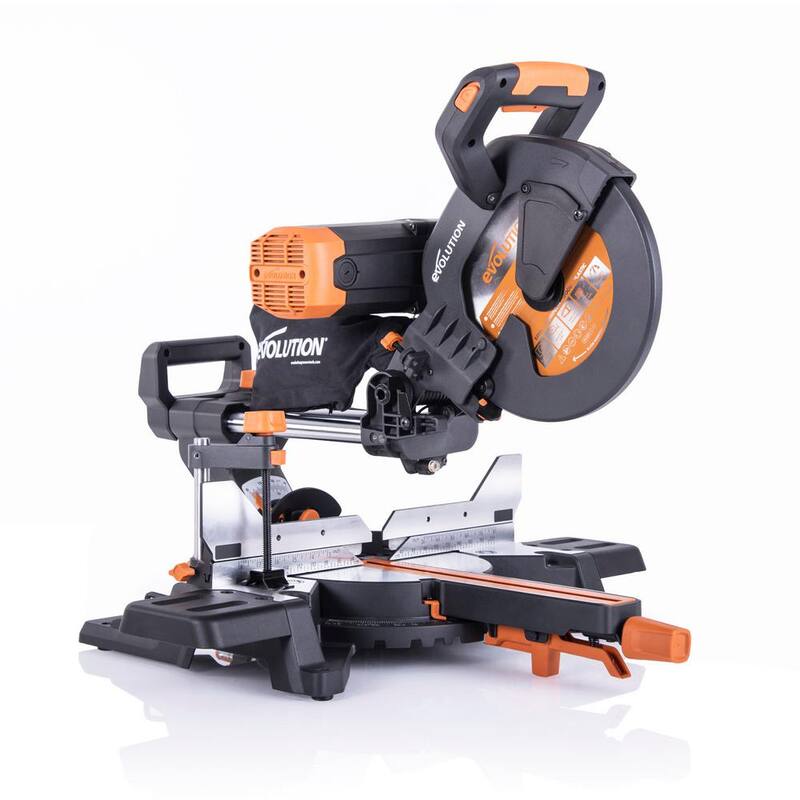 Si características del producto: Evolution Power Tools 15 Amp 10 pulgadas Sierra ingletadora deslizante doble bisel con guía láser, bolsa de polvo, cable de alimentación de 13 pies y hoja de 28 dientes multi-material - R255SMSDB+