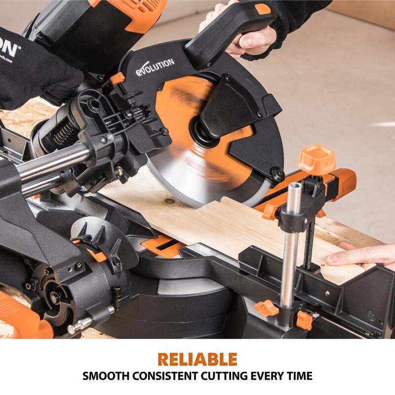 Si características del producto: Evolution Power Tools 15 Amp 10 pulgadas Sierra ingletadora deslizante doble bisel con guía láser, bolsa de polvo, cable de alimentación de 13 pies y hoja de 28 dientes multi-material - R255SMSDB+