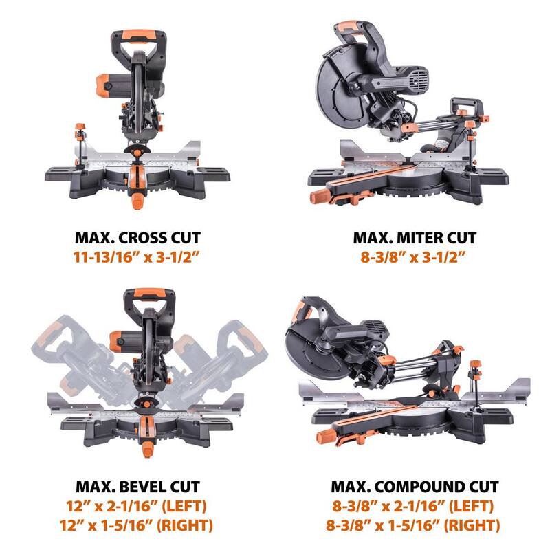 Si características del producto: Evolution Power Tools 15 Amp 10 pulgadas Sierra ingletadora deslizante doble bisel con guía láser, bolsa de polvo, cable de alimentación de 13 pies y hoja de 28 dientes multi-material - R255SMSDB+