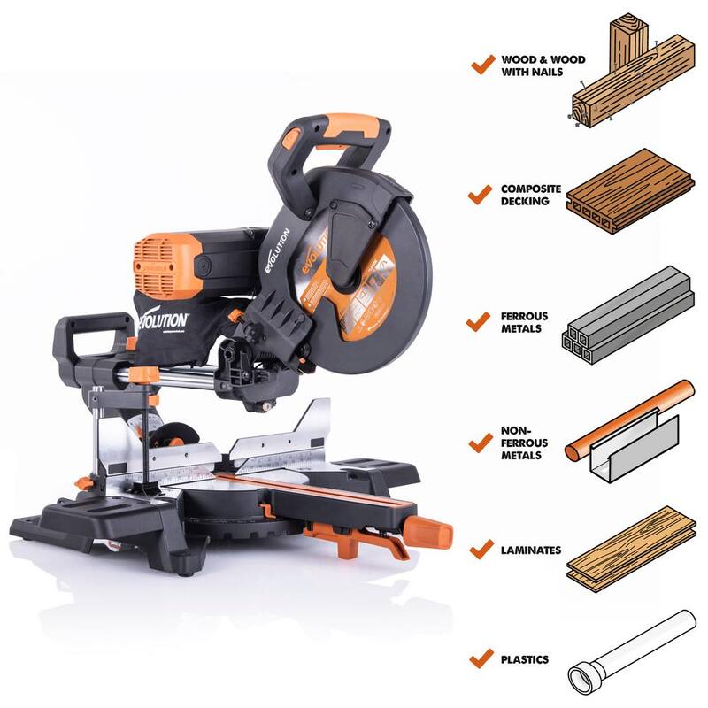 Si características del producto: Evolution Power Tools 15 Amp 10 pulgadas Sierra ingletadora deslizante doble bisel con guía láser, bolsa de polvo, cable de alimentación de 13 pies y hoja de 28 dientes multi-material - R255SMSDB+