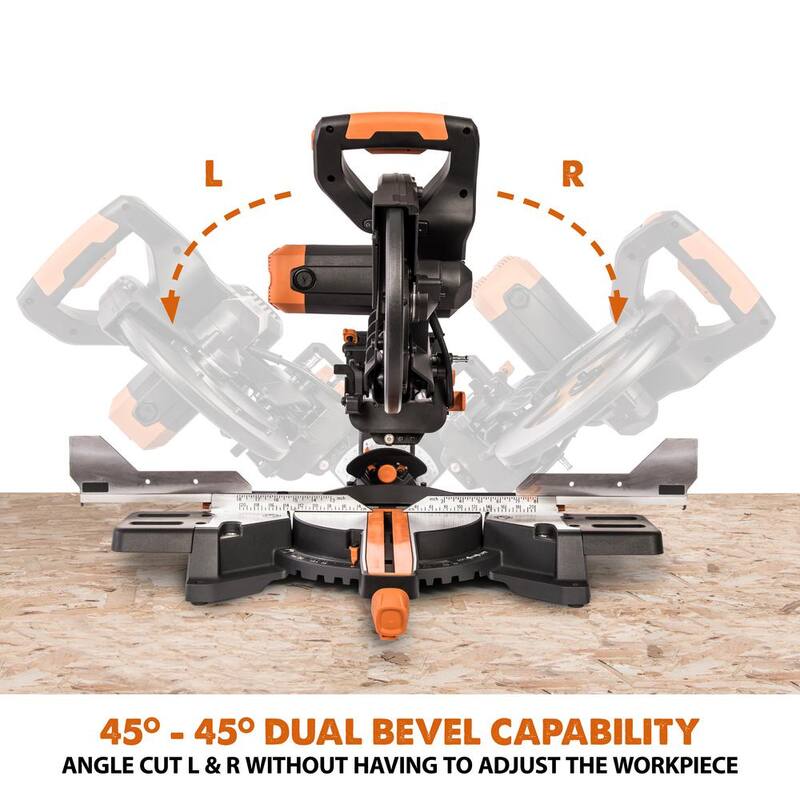 Si características del producto: Evolution Power Tools 15 Amp 10 pulgadas Sierra ingletadora deslizante doble bisel con guía láser, bolsa de polvo, cable de alimentación de 13 pies y hoja de 28 dientes multi-material - R255SMSDB+