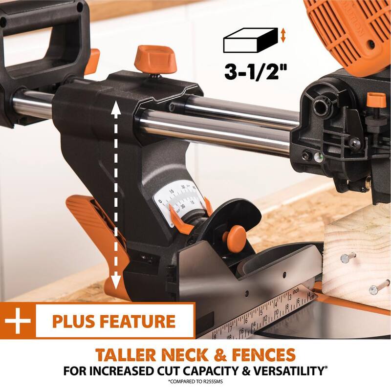 Si características del producto: Evolution Power Tools 15 Amp 10 pulgadas Sierra ingletadora deslizante doble bisel con guía láser, bolsa de polvo, cable de alimentación de 13 pies y hoja de 28 dientes multi-material - R255SMSDB+