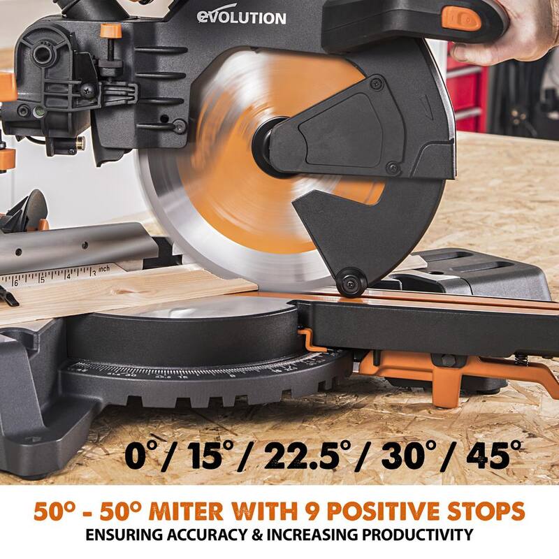 Si características del producto: Evolution Power Tools 15 Amp 10 pulgadas Sierra ingletadora deslizante doble bisel con guía láser, bolsa de polvo, cable de alimentación de 13 pies y hoja de 28 dientes multi-material - R255SMSDB+