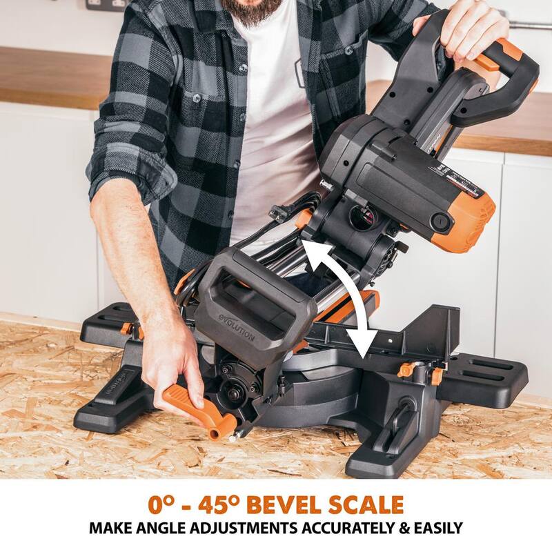 Si características del producto: Evolution Power Tools 15 Amp 10 pulgadas Sierra ingletadora deslizante doble bisel con guía láser, bolsa de polvo, cable de alimentación de 13 pies y hoja de 28 dientes multi-material - R255SMSDB+