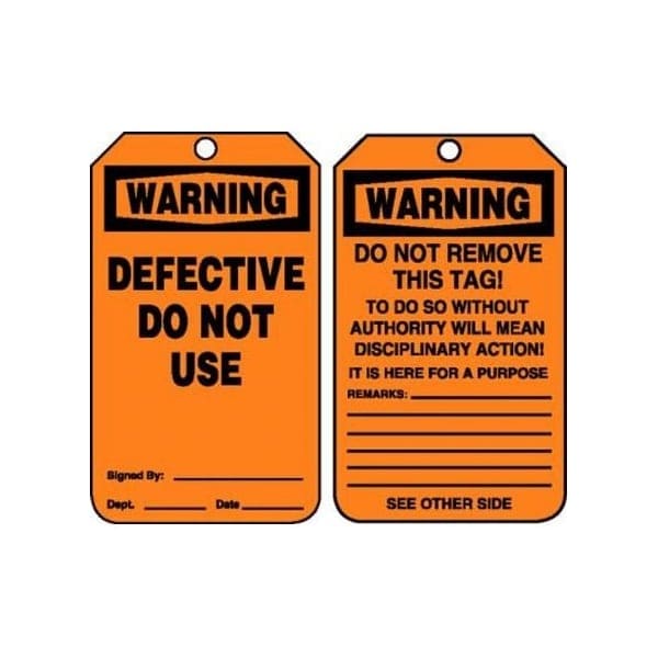 Accuform Safety Tags, WARNING DEFECTIVE DO NOT USE, 5.75in x 3.25in, PF-Cardstock, 25PK - MDT303CTP