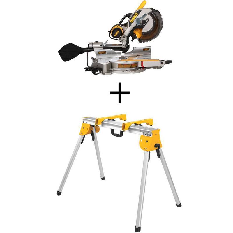Sierra ingleteadora compuesta deslizante de doble bisel DEWALT de 15 amperes con cable de 12 pulgadas, llave de sierra, abrazadera de material y soporte de trabajo resistente - DWS779WDWX725B