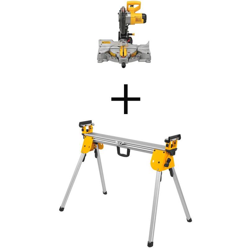 Sierra ingleteadora compuesta de bisel único DEWALT de 15 amperes con cable de 10 pulgadas con soporte de sierra ingleteadora compacta de 29.8 lbs con capacidad de 500 lbs - DWS713WDWX724