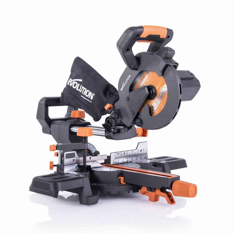 Sierra ingleteadora compuesta deslizante de 7-1/4 pulgadas Evolution Power Tools de 10 amperios con guía láser, bolsa de polvo, cable de alimentación de 10 pies y hoja multi-material de 20 dientes - R185SMS+
