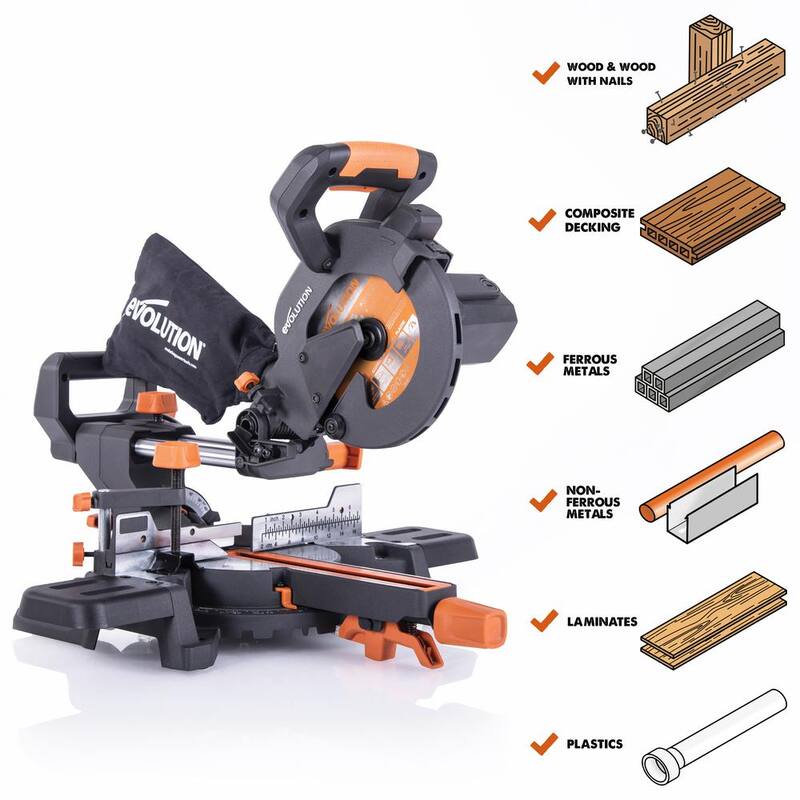 Sierra ingleteadora compuesta deslizante de 7-1/4 pulgadas Evolution Power Tools de 10 amperios con guía láser, bolsa de polvo, cable de alimentación de 10 pies y hoja multi-material de 20 dientes - R185SMS+