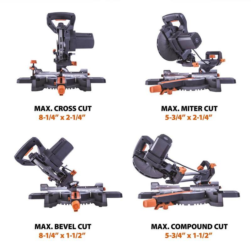 Sierra ingleteadora compuesta deslizante de 7-1/4 pulgadas Evolution Power Tools de 10 amperios con guía láser, bolsa de polvo, cable de alimentación de 10 pies y hoja multi-material de 20 dientes - R185SMS+