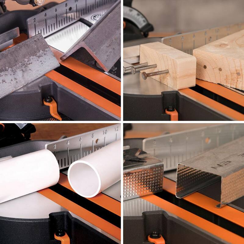 Sierra ingleteadora compuesta deslizante de 7-1/4 pulgadas Evolution Power Tools de 10 amperios con guía láser, bolsa de polvo, cable de alimentación de 10 pies y hoja multi-material de 20 dientes - R185SMS+