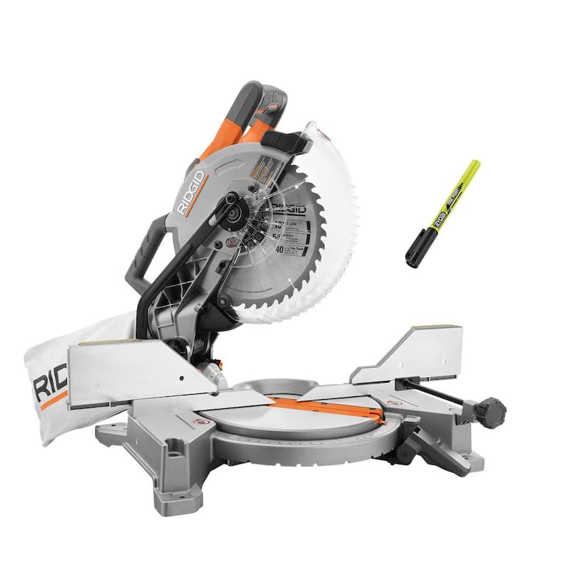 Si embargo sobre la marca del producto, la traducción sería: "Sierra ingleteadora de bisel doble RIDGID de 15 amperios a cable de 10 pulgadas con indicador LED de línea de corte y marcador permanente de punta fina en color negro para taller - R4113-RPM121"