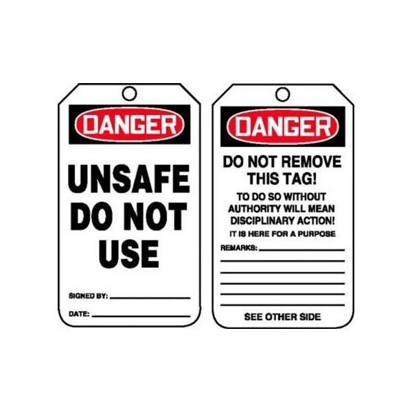 Accuform Safety Tags, DANGER UNSAFE DO NOT USE, 5.75in x 3.25in, HS-Laminate, 25PK - MDT126LTP