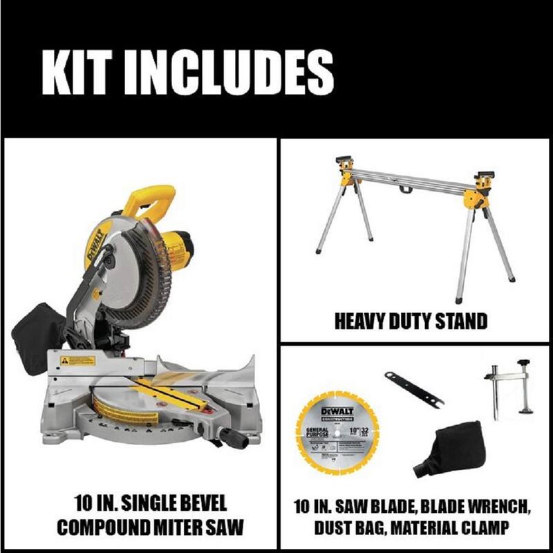Si no se menciona la marca del producto la traducción al español del título sería:

Sierra ingleteadora compuesta de un solo bisel DEWALT de 15 amperes con cable de 10 pulgadas y soporte para sierra ingleteadora resistente - DWS713W723