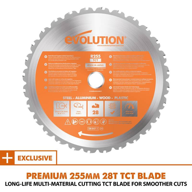 Sierra de inglete compuesta deslizante de 10 pulgadas de Evolution Power Tools, 15 amperios, con guía láser, bolsa de polvo, cable de alimentación de goma de 10 pies, cuchilla de 28 dientes para múltiples materiales - R255SMS+