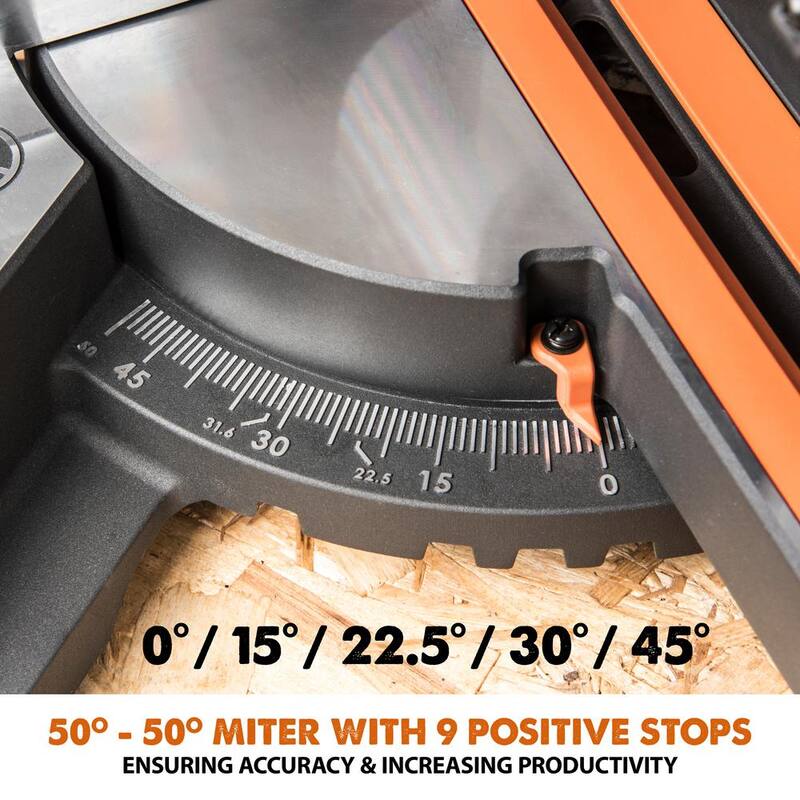 Sierra de inglete compuesta deslizante de 10 pulgadas de Evolution Power Tools, 15 amperios, con guía láser, bolsa de polvo, cable de alimentación de goma de 10 pies, cuchilla de 28 dientes para múltiples materiales - R255SMS+