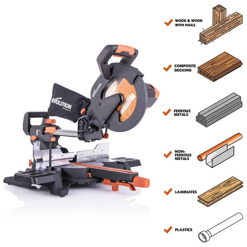 Sierra de inglete compuesta deslizante de 10 pulgadas de Evolution Power Tools, 15 amperios, con guía láser, bolsa de polvo, cable de alimentación de goma de 10 pies, cuchilla de 28 dientes para múltiples materiales - R255SMS+