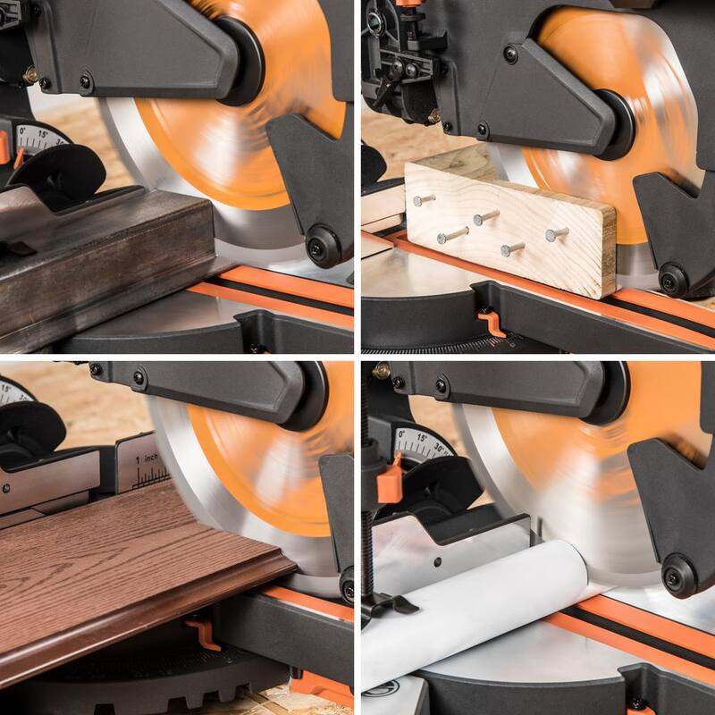 Sierra de inglete compuesta deslizante de 10 pulgadas de Evolution Power Tools, 15 amperios, con guía láser, bolsa de polvo, cable de alimentación de goma de 10 pies, cuchilla de 28 dientes para múltiples materiales - R255SMS+