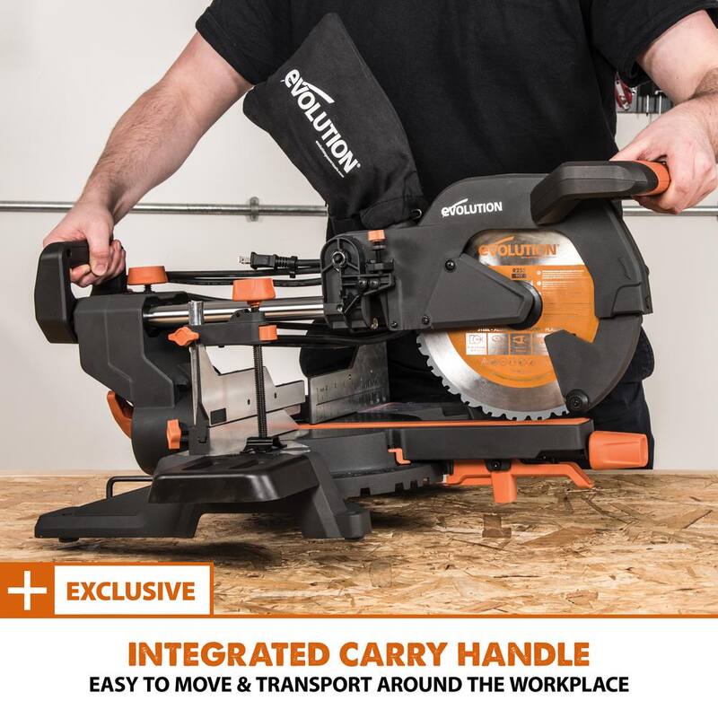 Sierra de inglete compuesta deslizante de 10 pulgadas de Evolution Power Tools, 15 amperios, con guía láser, bolsa de polvo, cable de alimentación de goma de 10 pies, cuchilla de 28 dientes para múltiples materiales - R255SMS+