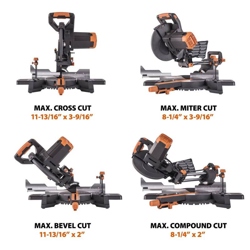Sierra de inglete compuesta deslizante de 10 pulgadas de Evolution Power Tools, 15 amperios, con guía láser, bolsa de polvo, cable de alimentación de goma de 10 pies, cuchilla de 28 dientes para múltiples materiales - R255SMS+
