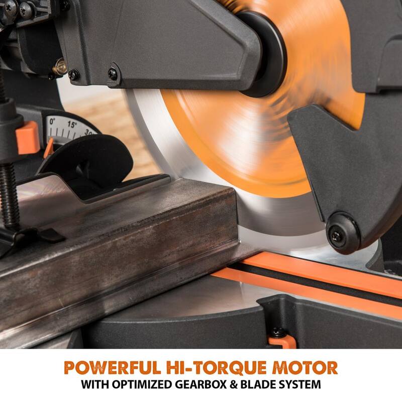 Sierra de inglete compuesta deslizante de 10 pulgadas de Evolution Power Tools, 15 amperios, con guía láser, bolsa de polvo, cable de alimentación de goma de 10 pies, cuchilla de 28 dientes para múltiples materiales - R255SMS+