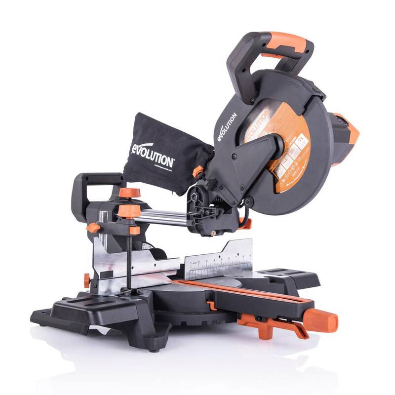 Sierra de inglete compuesta deslizante de 10 pulgadas de Evolution Power Tools, 15 amperios, con guía láser, bolsa de polvo, cable de alimentación de goma de 10 pies, cuchilla de 28 dientes para múltiples materiales - R255SMS+