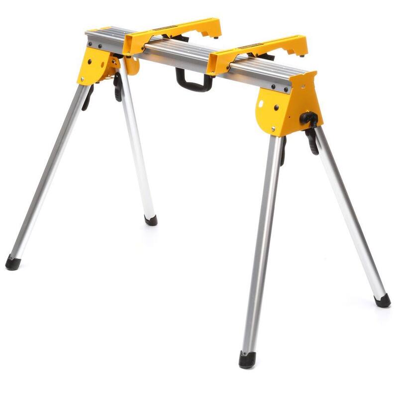 Sierra ingleteadora compuesta de bisel sencillo DEWALT de 15 amperes y 10 pulgadas con soporte de trabajo resistente y soportes de montaje para sierra ingleteadora.
