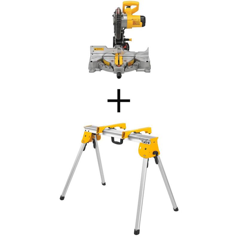 Sierra ingleteadora compuesta de bisel sencillo DEWALT de 15 amperes y 10 pulgadas con soporte de trabajo resistente y soportes de montaje para sierra ingleteadora.
