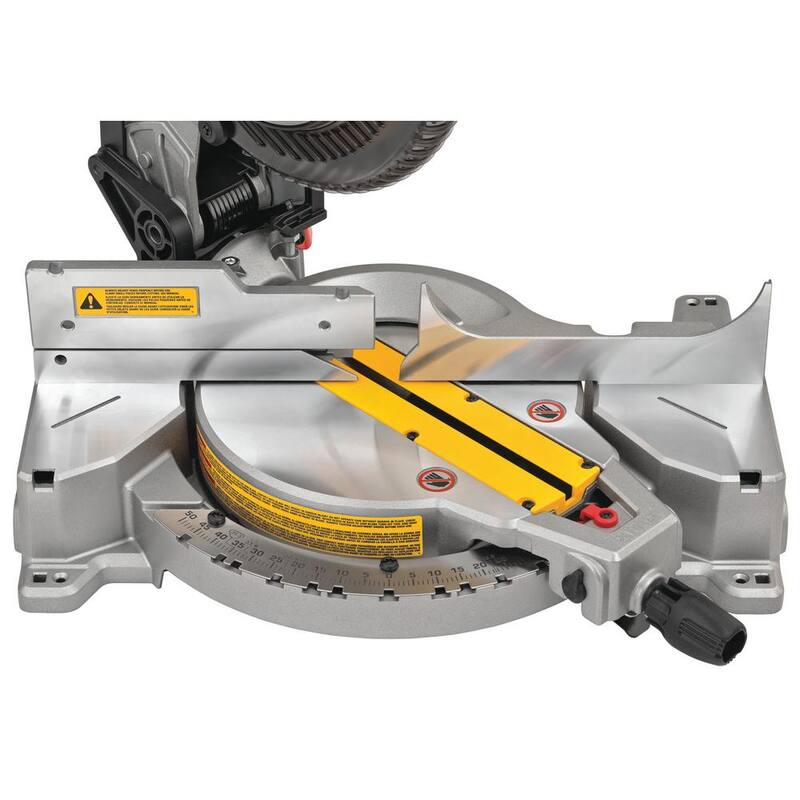 Sierra ingleteadora compuesta de bisel sencillo DEWALT de 15 amperes y 10 pulgadas con soporte de trabajo resistente y soportes de montaje para sierra ingleteadora.