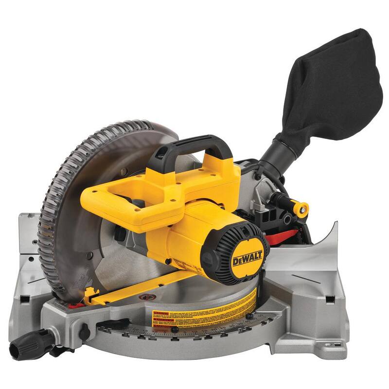 Sierra ingleteadora compuesta de bisel sencillo DEWALT de 15 amperes y 10 pulgadas con soporte de trabajo resistente y soportes de montaje para sierra ingleteadora.