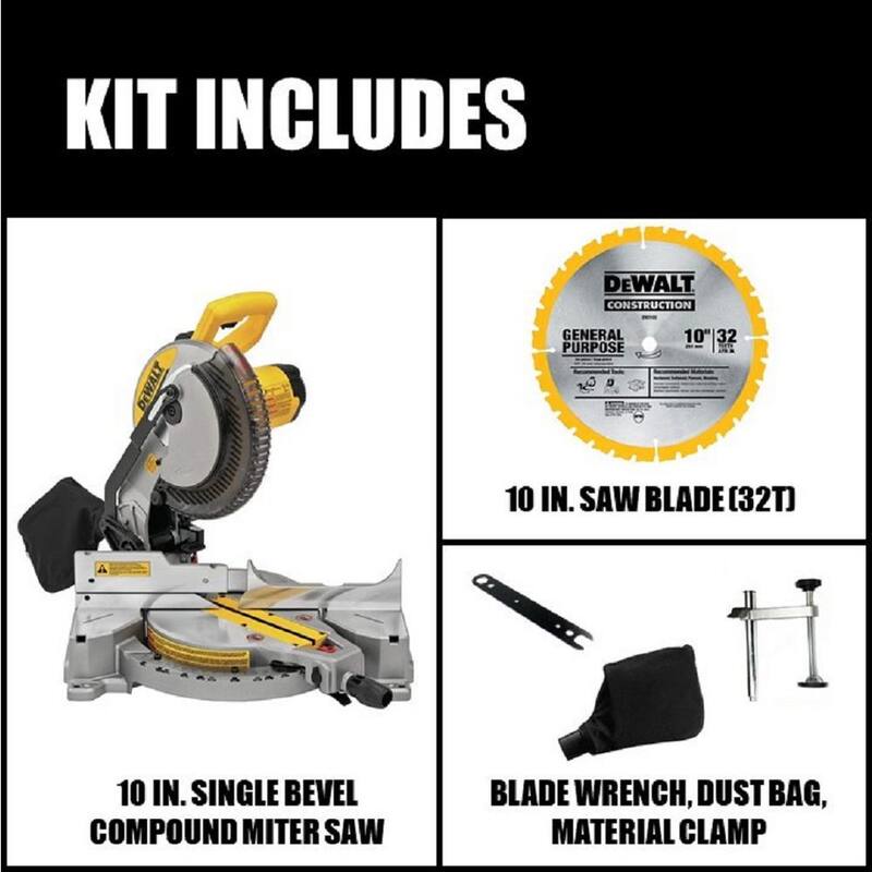 Sierra ingleteadora compuesta de bisel sencillo DEWALT de 15 amperes y 10 pulgadas con soporte de trabajo resistente y soportes de montaje para sierra ingleteadora.