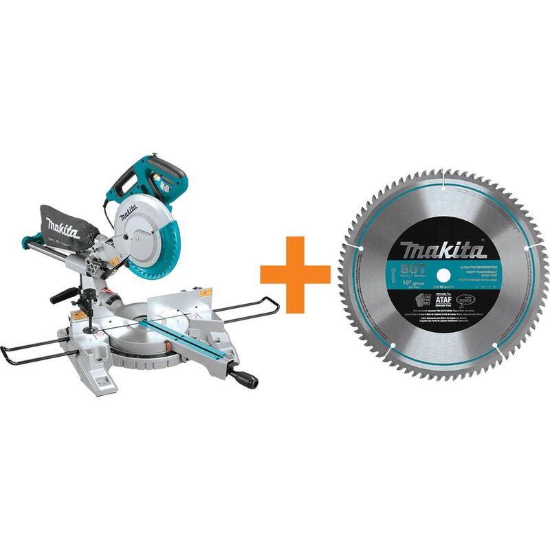 Sierra ingletadora compuesta de doble deslizamiento de 10 pulgadas de Makita con hoja de sierra ingletadora de 10 pulgadas x 80T micro-pulida - LS1018A-93681