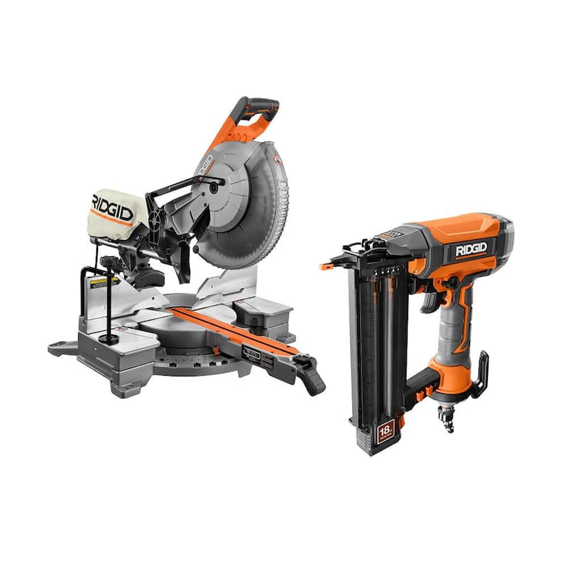 Si embargo la marca del producto, el título traducido sería: Sierra ingletadora deslizante de doble bisel RIDGID de 15 amperios y 12 pulgadas con clavadora neumática de calibre 18 de 2-1/8 pulgadas y bolsa de herramientas - R4222-R213BNF.
