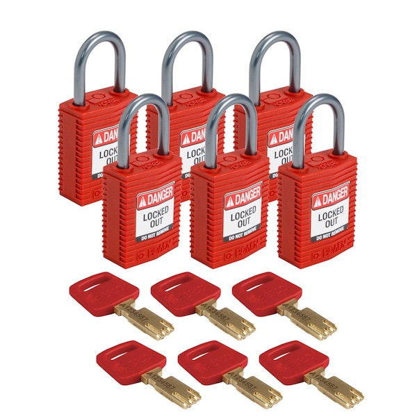 Brady Compact SafeKey Key Retaining Nylon Padlock 1 in Aluminum Shackle KD Red 6PK - CPT-RED-25AL-KD6PK