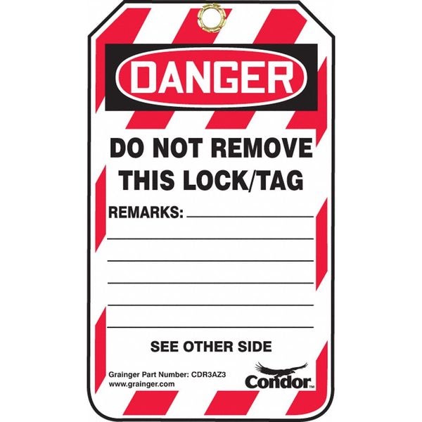Condor Lockout Tag, Danger, Plastic, 3 1/4 in Width, 5 3/4 in Height, Write On Surface: Yes , 100 PK - 48RU15