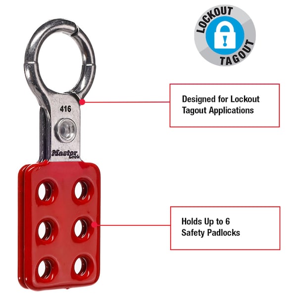 Master Lock Lockout Tagout Safety Hasp, Snap-On, 1 in Jaw Clearance, Aluminum, Red - 416