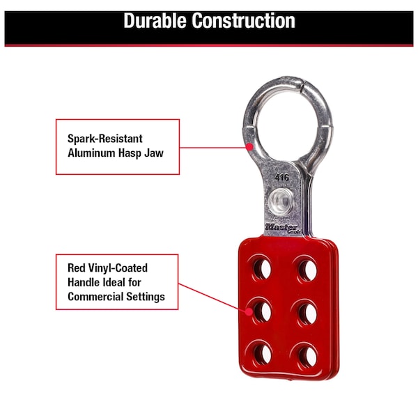 Master Lock Lockout Tagout Safety Hasp, Snap-On, 1 in Jaw Clearance, Aluminum, Red - 416