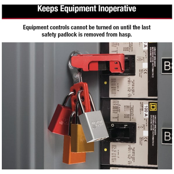 Master Lock Lockout Tagout Safety Hasp, Snap-On, 1 in Jaw Clearance, Aluminum, Red - 416