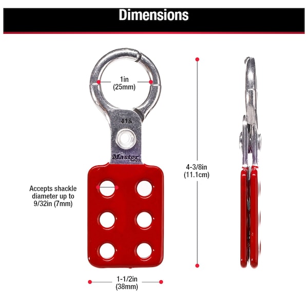Master Lock Lockout Tagout Safety Hasp, Snap-On, 1 in Jaw Clearance, Aluminum, Red - 416